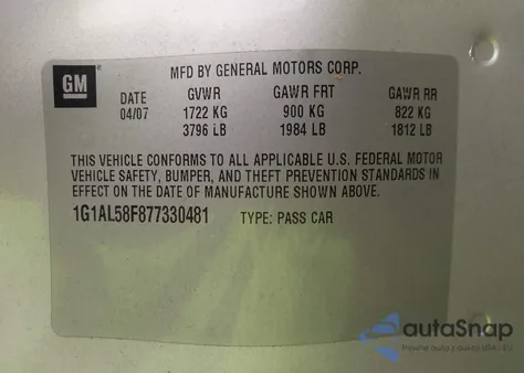 2007 Chevrolet Cobalt Lt from USA, damaged, VIN 1G1AL58F877330481